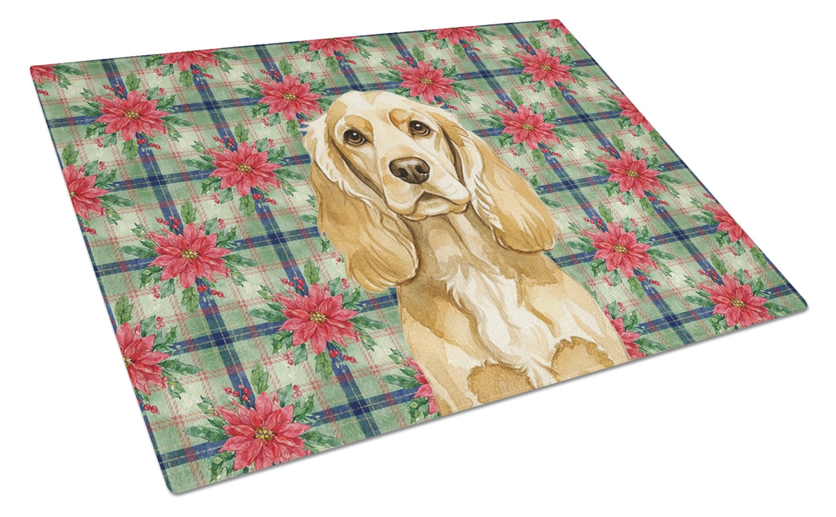 Picture of Carolines Treasures WDK8582LCB Unisex Adult Buff Cocker Spaniel Christmas Poinsettias Glass Cutting Board - 15 x 12 in.
