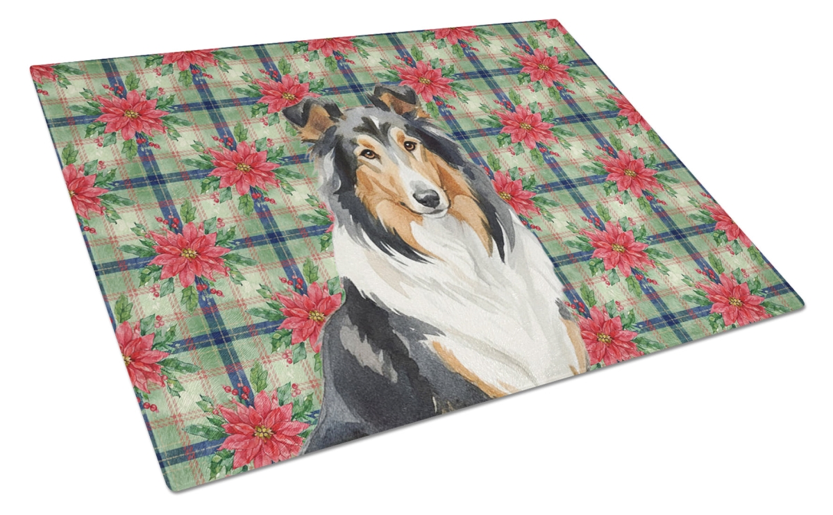 Picture of Carolines Treasures WDK8587LCB Unisex Adult Tricolor Collie Christmas Poinsettias Glass Cutting Board - 15 x 12 in.