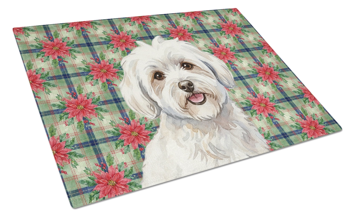 Picture of Carolines Treasures WDK8589LCB Unisex Adult Coton De Tulear Christmas Poinsettias Glass Cutting Board - 15 x 12 in.