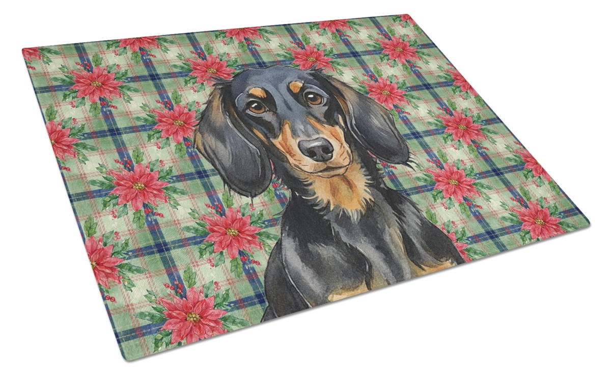 Picture of Carolines Treasures WDK8595LCB Unisex Adult Longhaired Black & Tan Dachshund Christmas Poinsettias Glass Cutting Board - 15 x 12 in.