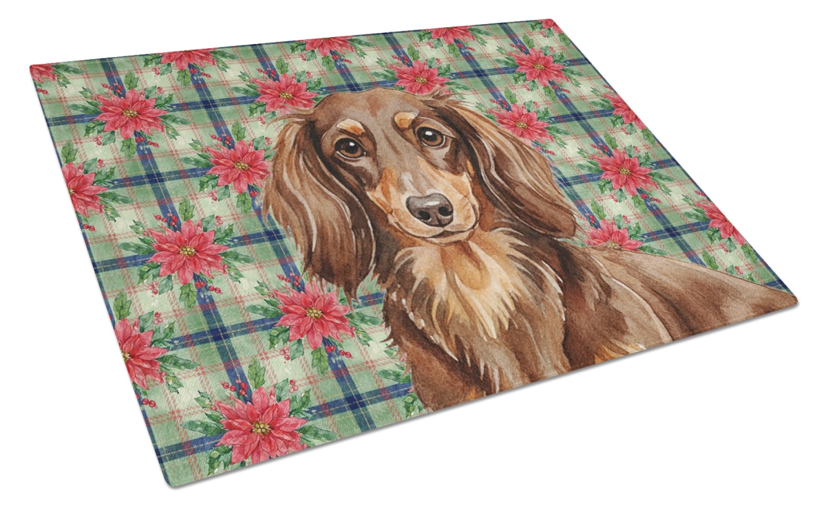 Picture of Carolines Treasures WDK8596LCB Unisex Adult Longhaired Chocolate & Tan Dachshund Christmas Poinsettias Glass Cutting Board - 15 x 12 in.
