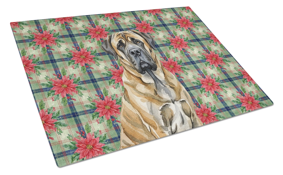 Picture of Carolines Treasures WDK8625LCB Unisex Adult Brindle English Mastiff Christmas Poinsettias Glass Cutting Board - 15 x 12 in.