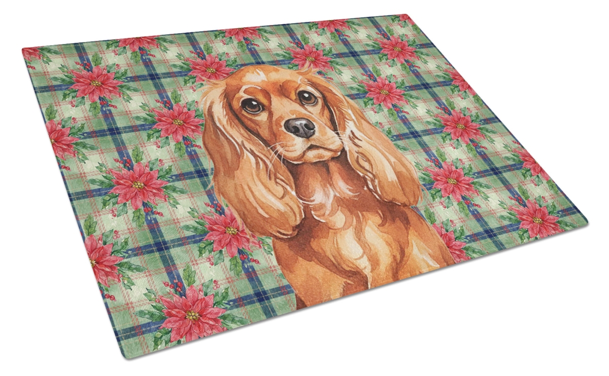Picture of Carolines Treasures WDK8636LCB Unisex Adult Ruby English Toy Spaniel Christmas Poinsettias Glass Cutting Board - 15 x 12 in.
