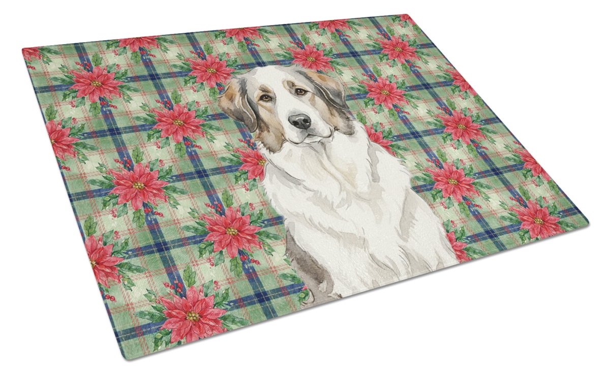 Picture of Carolines Treasures WDK8656LCB Unisex Adult Decal Great Pyrenees Christmas Poinsettias Glass Cutting Board - 15 x 12 in.