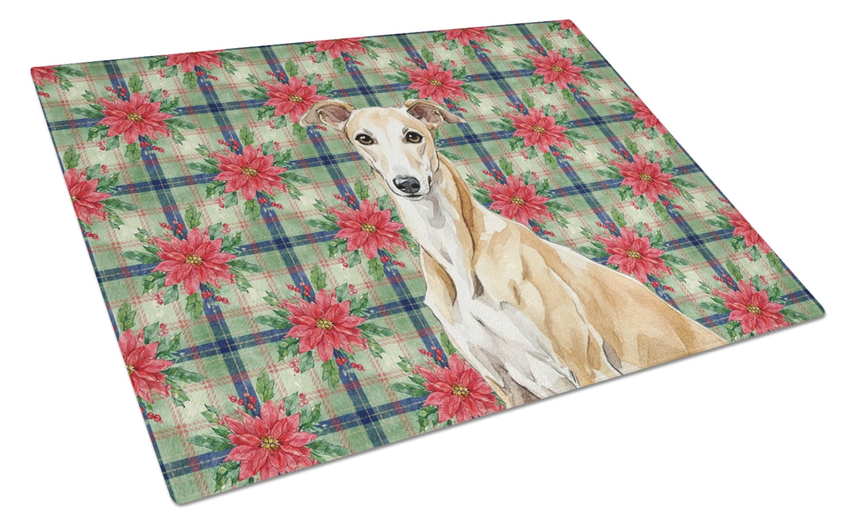 Picture of Carolines Treasures WDK8664LCB Unisex Adult Fawn Greyhound Christmas Poinsettias Glass Cutting Board - 15 x 12 in.