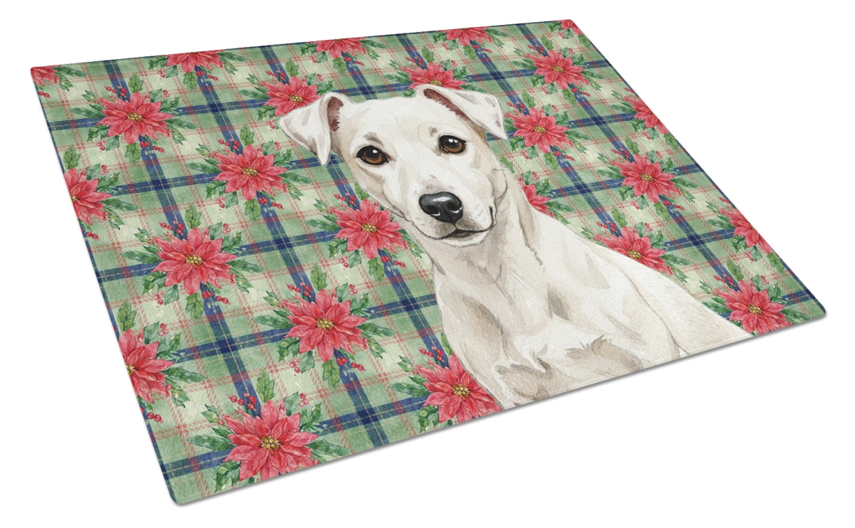 Picture of Carolines Treasures WDK8684LCB Unisex Adult White Jack Russell Terrier Christmas Poinsettias Glass Cutting Board - 15 x 12 in.