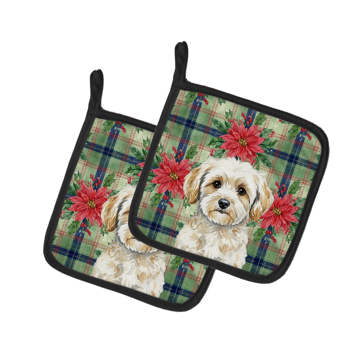 Picture of Carolines Treasures WDK8707PTHD Unisex Adult Maltipoo Christmas Poinsettias Pot Holders - 7.5 x 7.5 in. - Set of 2