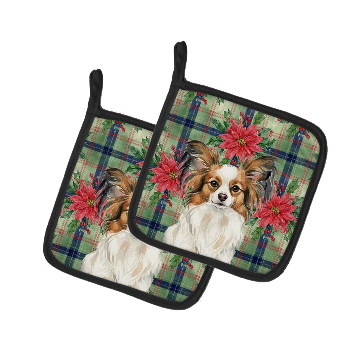 Picture of Carolines Treasures WDK8745PTHD Unisex Adult White with Sable Papillon Christmas Poinsettias Pot Holders - 7.5 x 7.5 in. - Set of 2