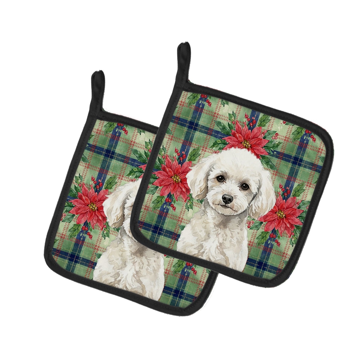 Picture of Carolines Treasures WDK8777PTHD Unisex Adult Toy White Poodle Christmas Poinsettias Pot Holders - 7.5 x 7.5 in. - Set of 2
