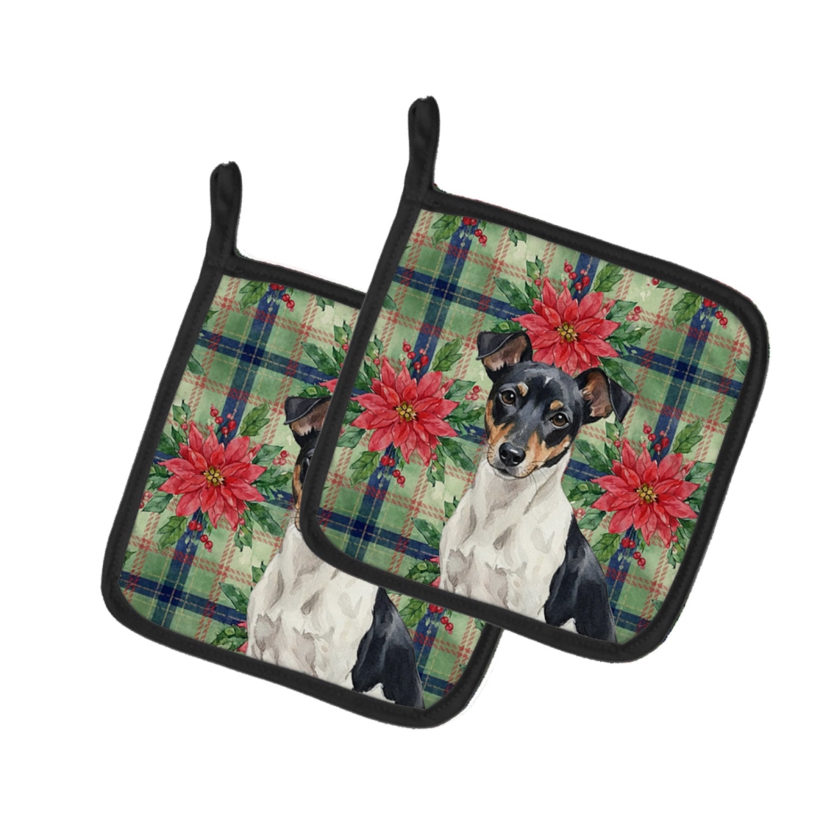 Picture of Carolines Treasures WDK8783PTHD Unisex Adult Black & White Rat Terrier Christmas Poinsettias Pot Holders - 7.5 x 7.5 in. - Set of 2