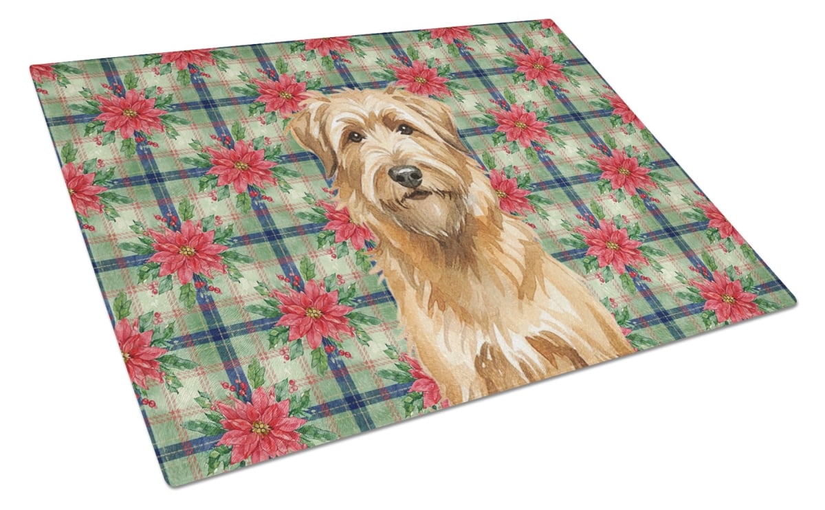 Picture of Carolines Treasures WDK8542LCB Unisex Adult Tawny Briard Christmas Poinsettias Glass Cutting Board - 15 x 12 in.