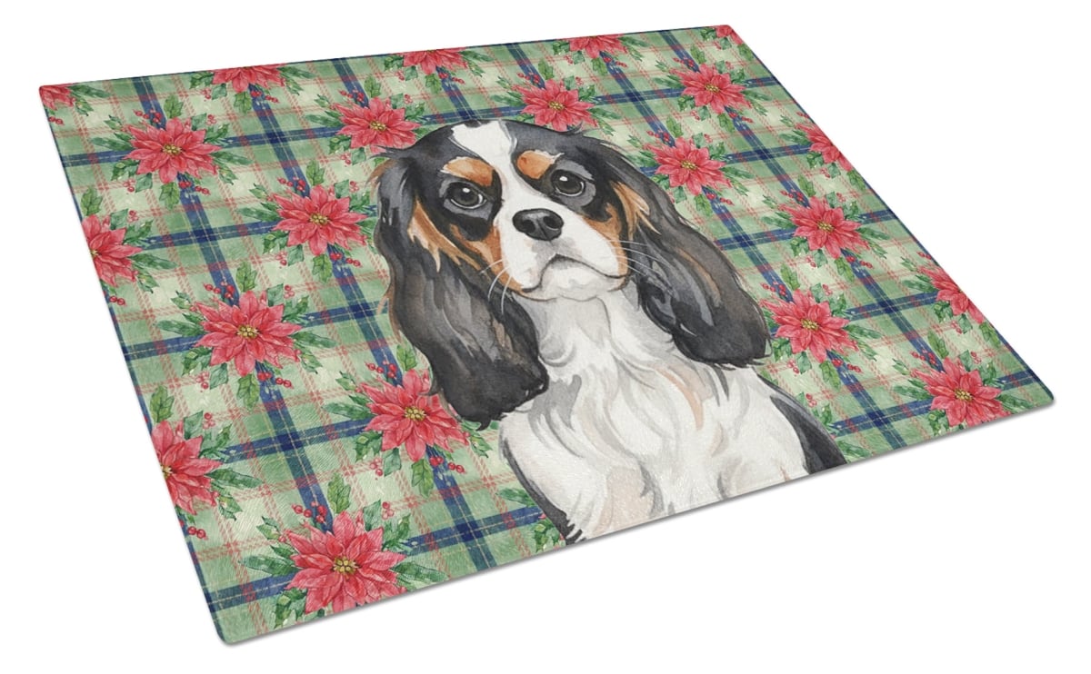 Picture of Carolines Treasures WDK8565LCB Unisex Adult Tricolor Cavalier Spaniel Christmas Poinsettias Glass Cutting Board - 15 x 12 in.