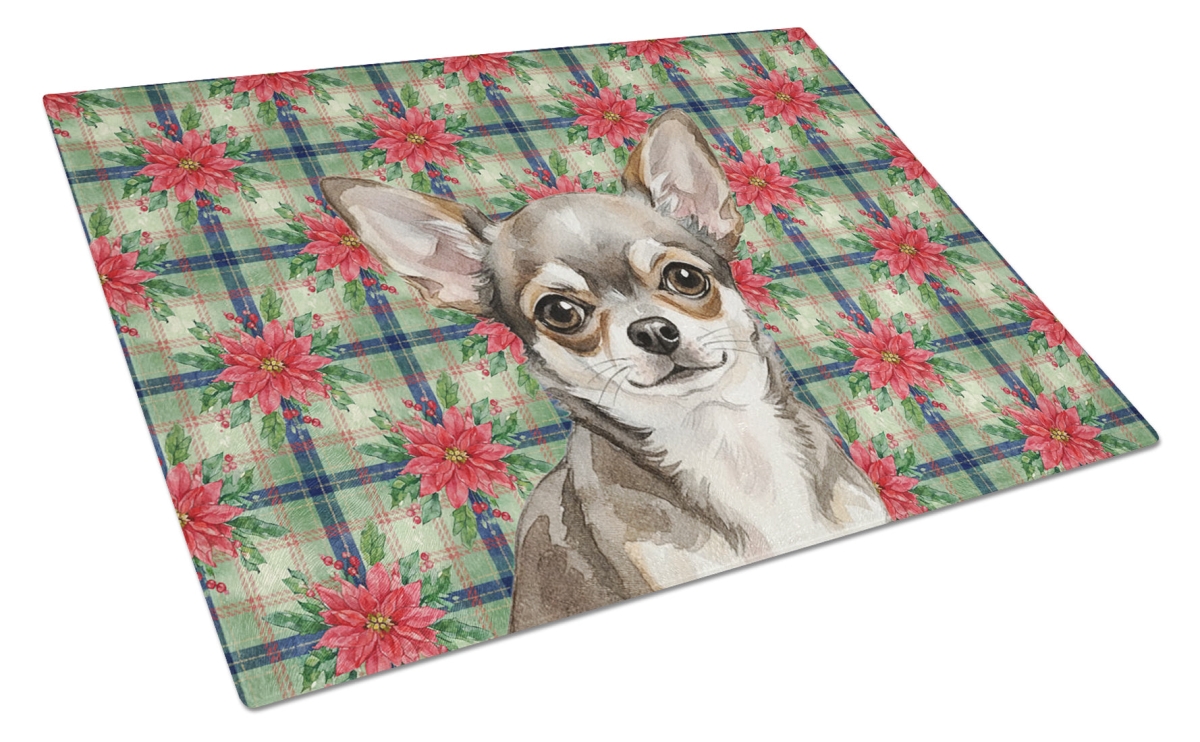 Picture of Carolines Treasures WDK8568LCB Unisex Adult Chihuahua Christmas Poinsettias Glass Cutting Board - 15 x 12 in.
