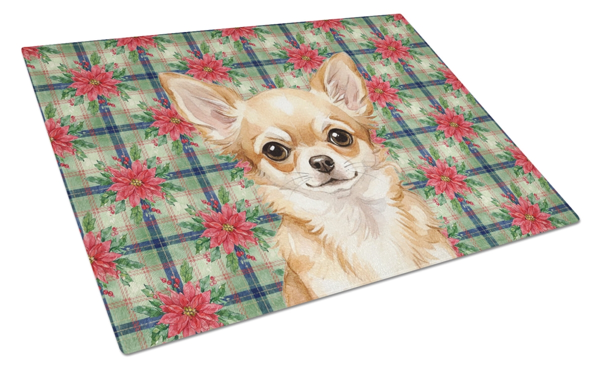 Picture of Carolines Treasures WDK8571LCB Unisex Adult Fawn Chihuahua Christmas Poinsettias Glass Cutting Board - 15 x 12 in.