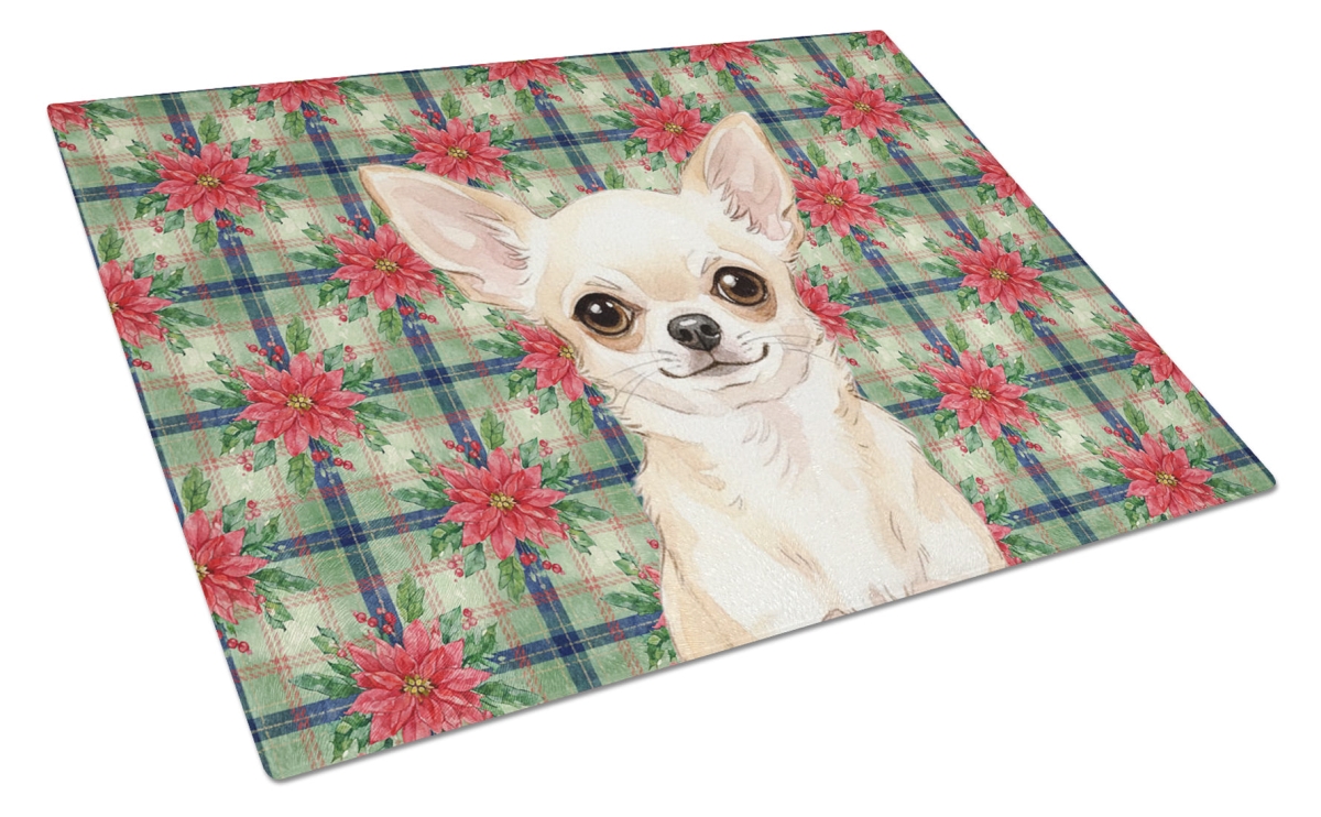 Picture of Carolines Treasures WDK8572LCB Unisex Adult Cream Chihuahua Christmas Poinsettias Glass Cutting Board - 15 x 12 in.