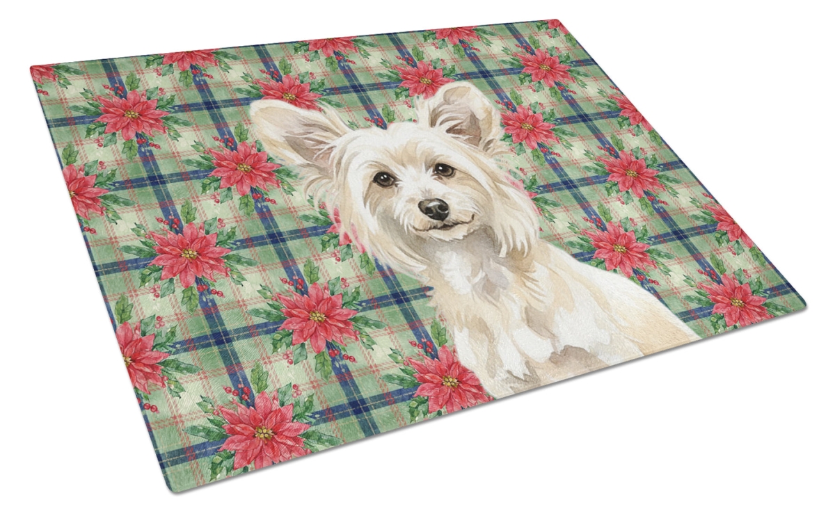 Picture of Carolines Treasures WDK8576LCB Unisex Adult Powderpuff Chinese Crested Christmas Poinsettias Glass Cutting Board - 15 x 12 in.