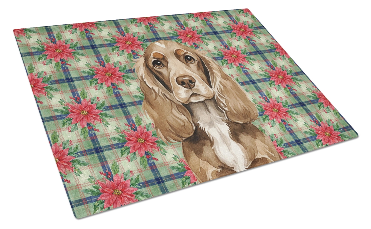 Picture of Carolines Treasures WDK8583LCB Unisex Adult Chocolate Cocker Spaniel Christmas Poinsettias Glass Cutting Board - 15 x 12 in.