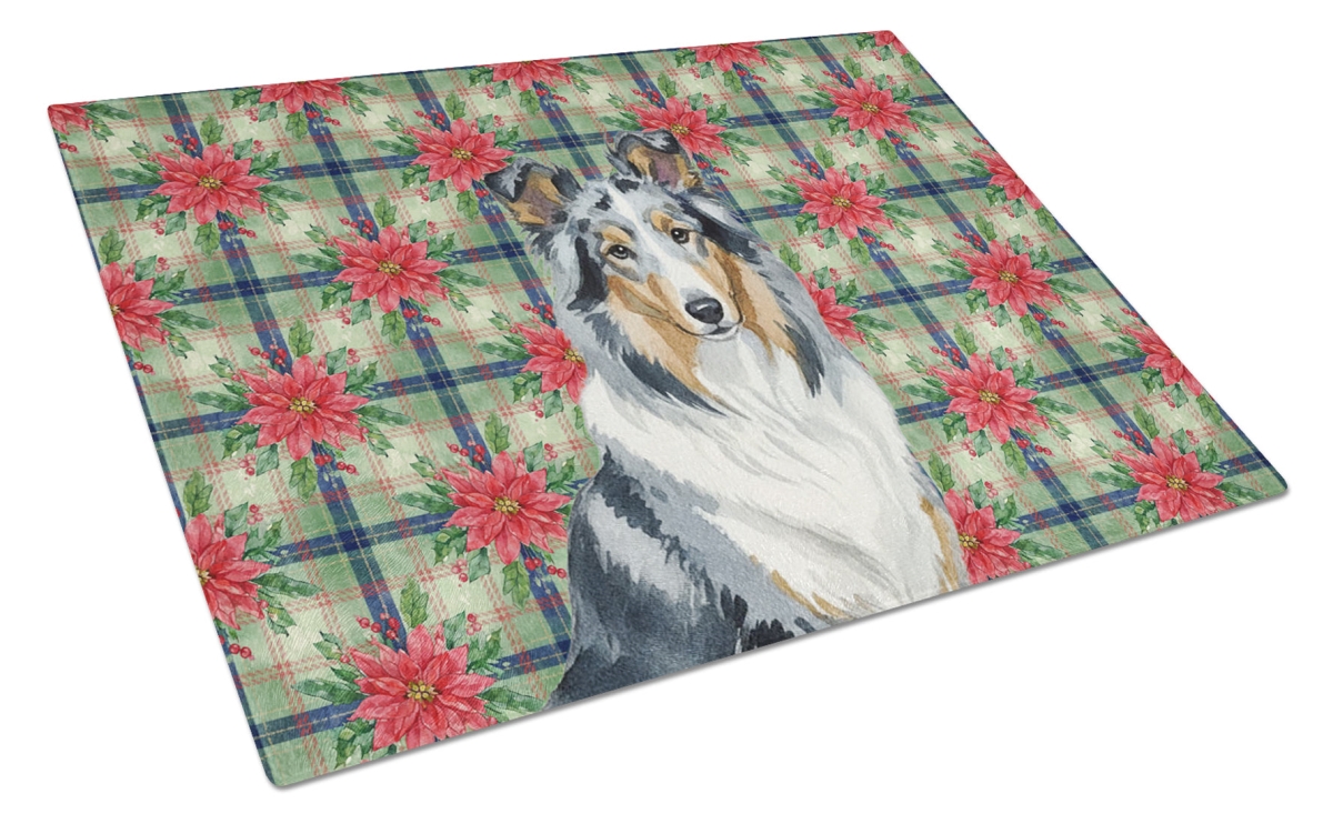 Picture of Carolines Treasures WDK8585LCB Unisex Adult Blue Merle Collie Christmas Poinsettias Glass Cutting Board - 15 x 12 in.