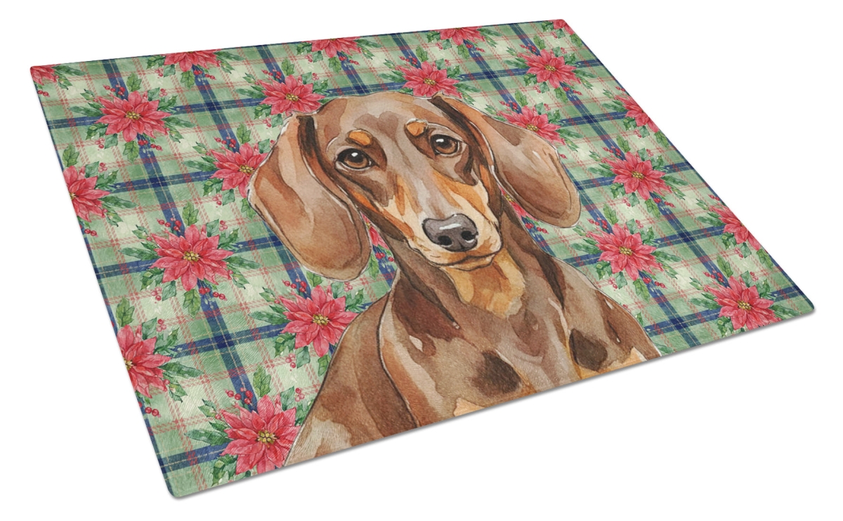 Picture of Carolines Treasures WDK8592LCB Unisex Adult Chocolate & Tan Dachshund Christmas Poinsettias Glass Cutting Board - 15 x 12 in.