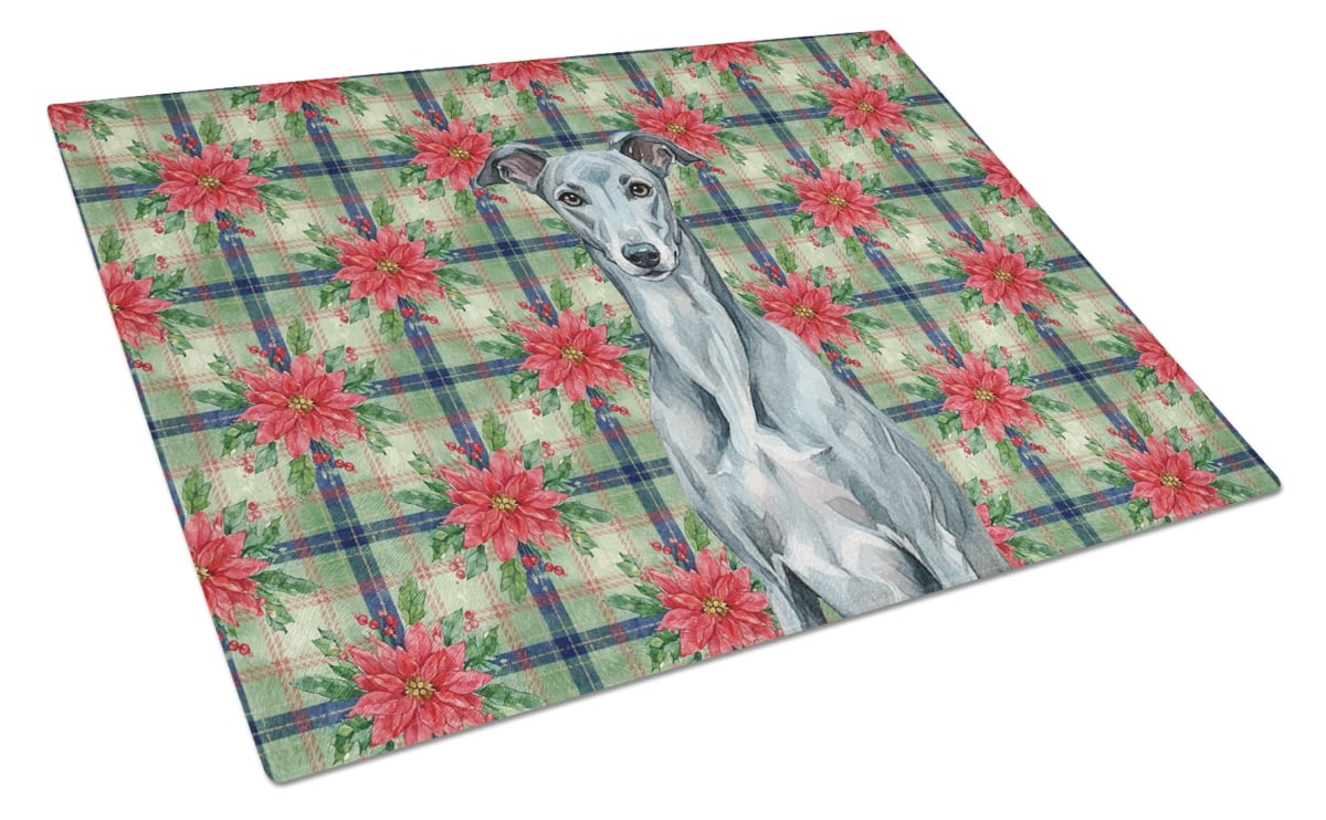 Picture of Carolines Treasures WDK8662LCB Unisex Adult Blue Brindle Greyhound Christmas Poinsettias Glass Cutting Board - 15 x 12 in.