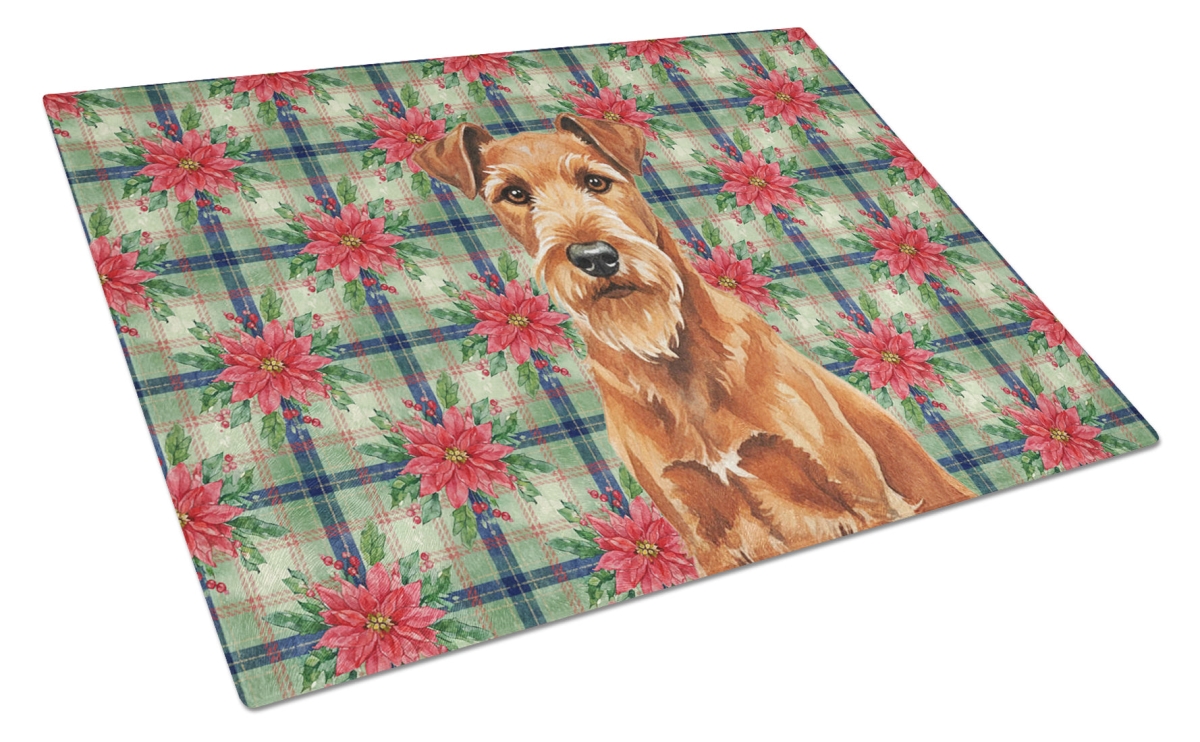 Picture of Carolines Treasures WDK8673LCB Unisex Adult Irish Terrier Christmas Poinsettias Glass Cutting Board - 15 x 12 in.