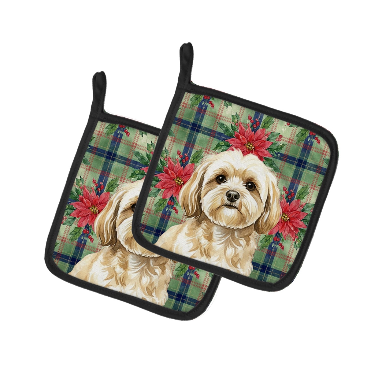 Picture of Carolines Treasures WDK8702PTHD Unisex Adult Cream Lhasa Apso Christmas Poinsettias Pot Holders - 7.5 x 7.5 in. - Set of 2
