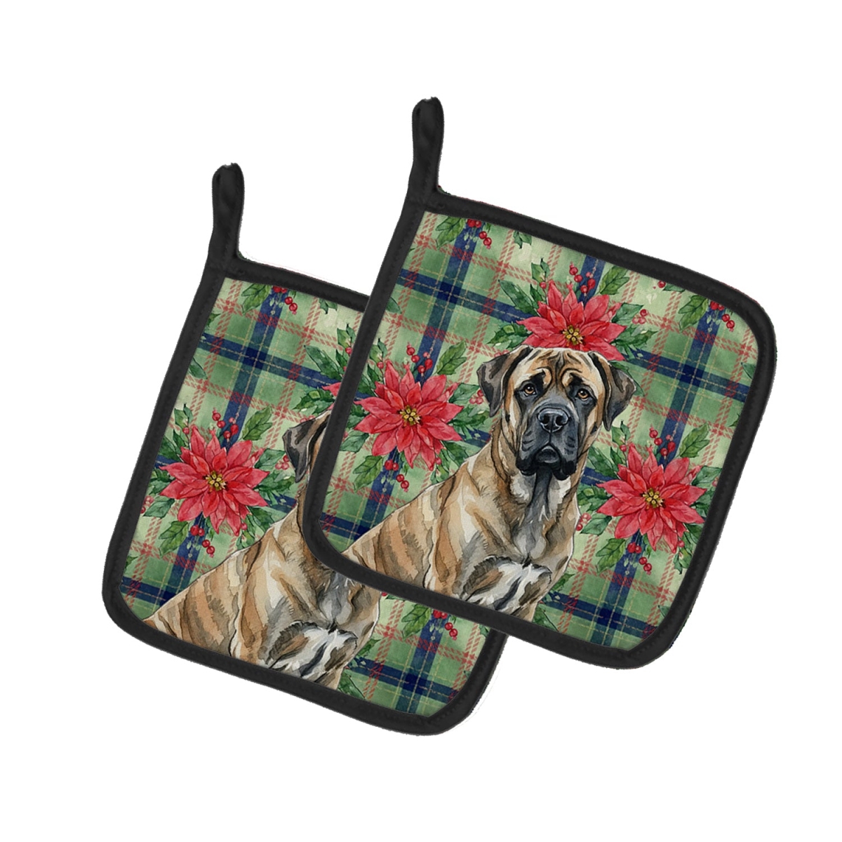 Picture of Carolines Treasures WDK8709PTHD Unisex Adult Brindle Mastiff Christmas Poinsettias Pot Holders - 7.5 x 7.5 in. - Set of 2