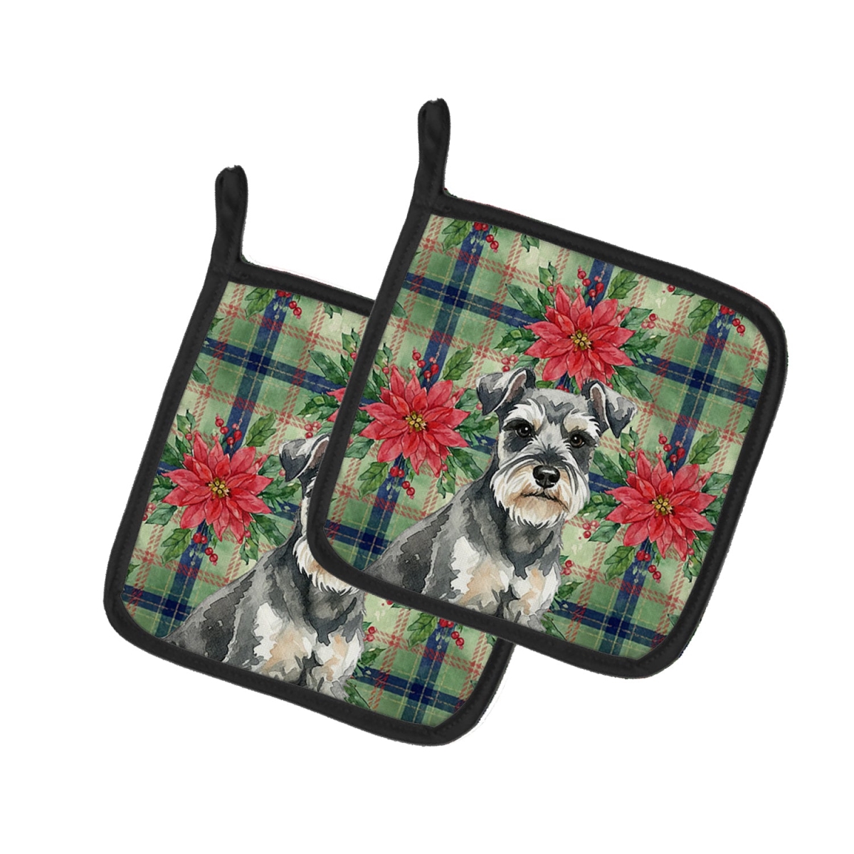 Picture of Carolines Treasures WDK8719PTHD Unisex Adult Miniature Schnauzer Christmas Poinsettias Pot Holders - 7.5 x 7.5 in. - Set of 2