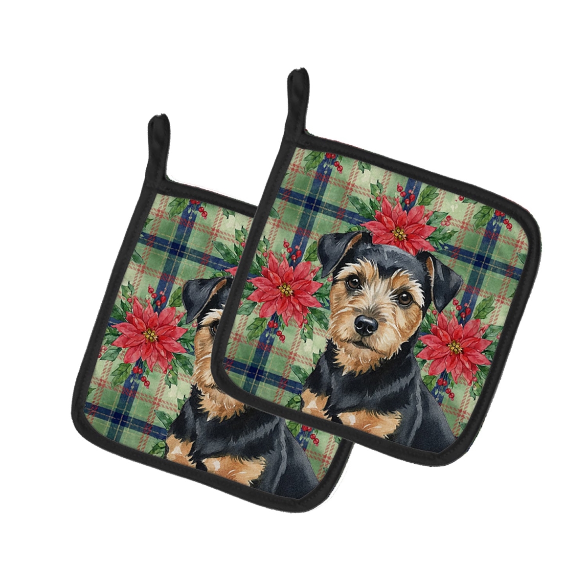 Picture of Carolines Treasures WDK8728PTHD Unisex Adult Black & Tan Norfolk Terrier Christmas Poinsettias Pot Holders - 7.5 x 7.5 in. - Set of 2