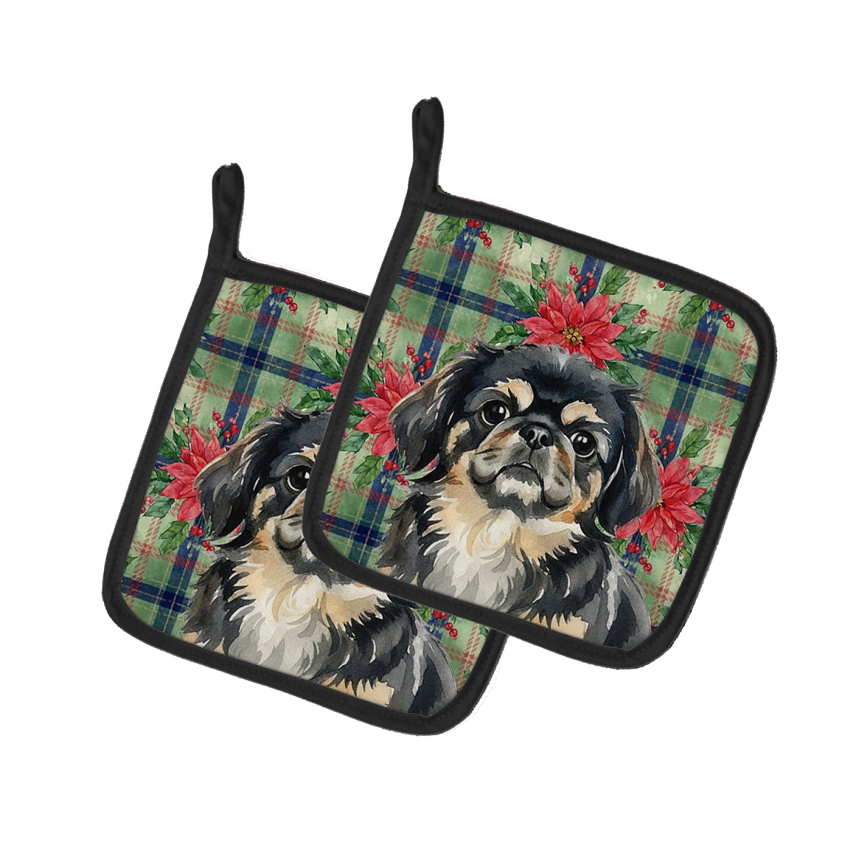 Picture of Carolines Treasures WDK8747PTHD Unisex Adult Black & Tan Pekingese Christmas Poinsettias Pot Holders - 7.5 x 7.5 in. - Set of 2