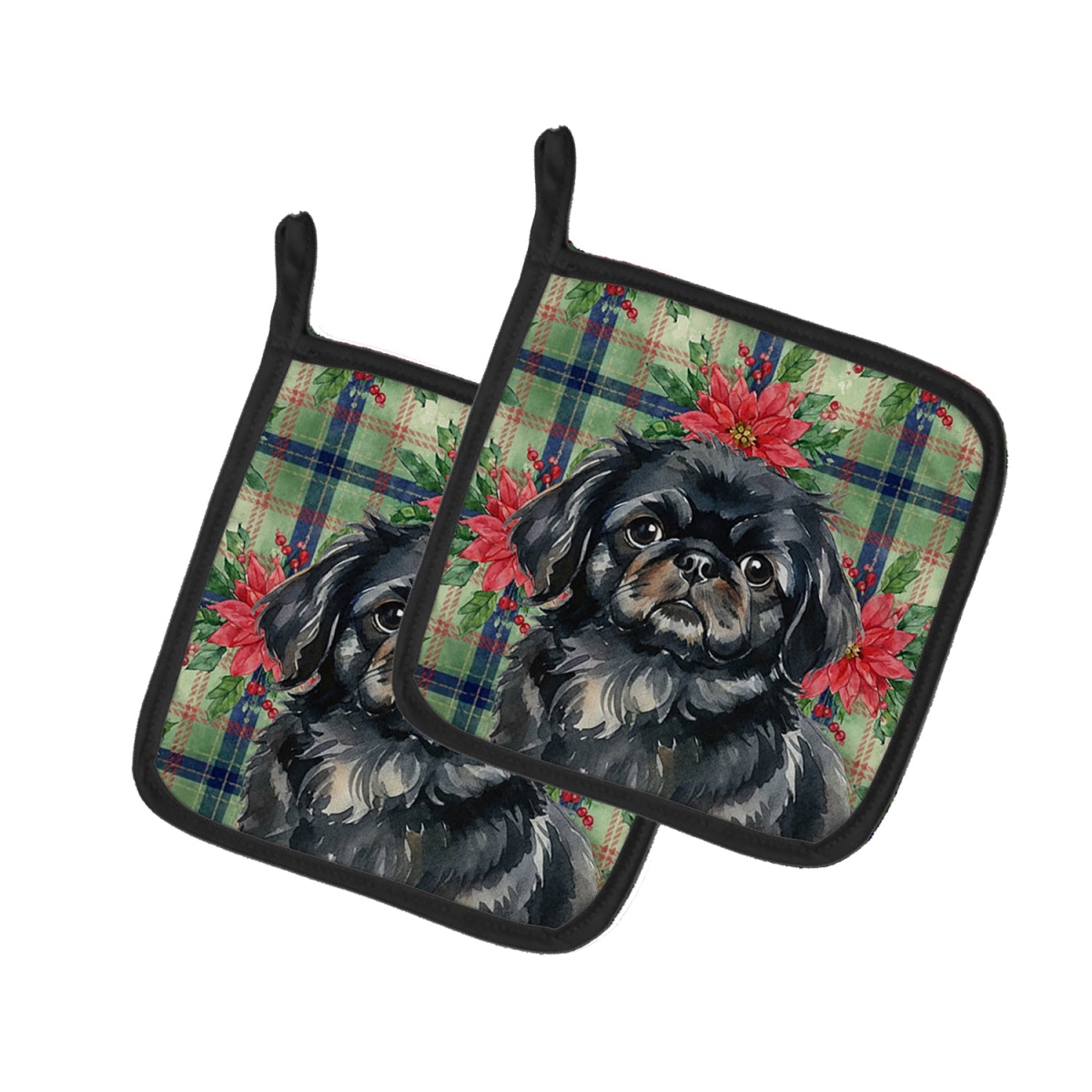 Picture of Carolines Treasures WDK8748PTHD Unisex Adult Black Pekingese Christmas Poinsettias Pot Holders - 7.5 x 7.5 in. - Set of 2
