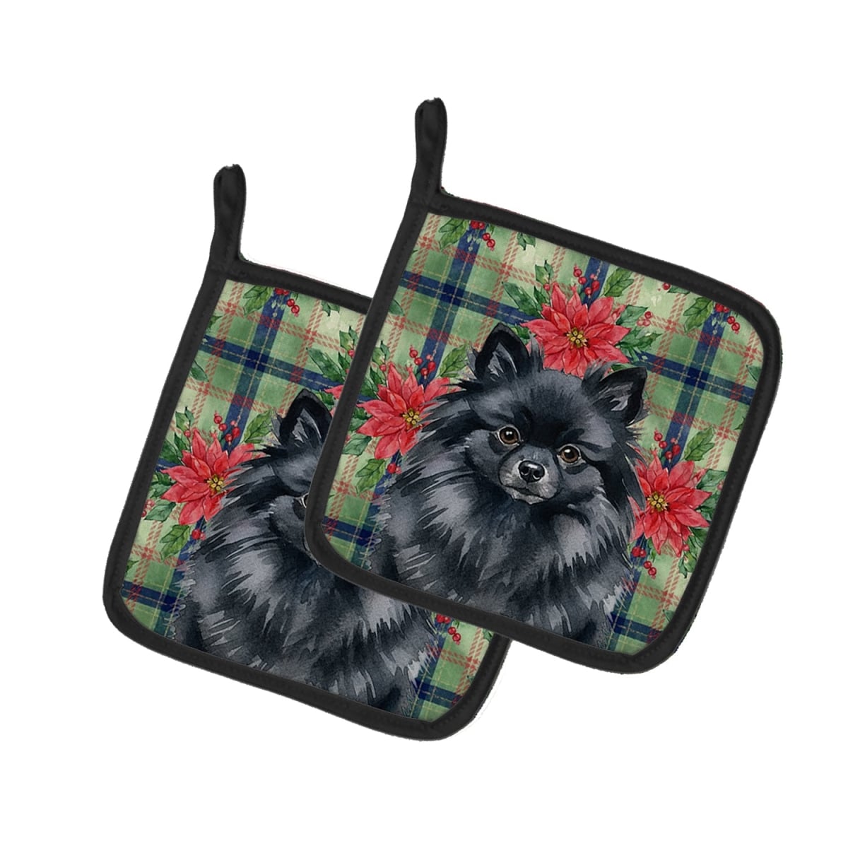 Picture of Carolines Treasures WDK8759PTHD Unisex Adult Black Pomeranian Christmas Poinsettias Pot Holders - 7.5 x 7.5 in. - Set of 2