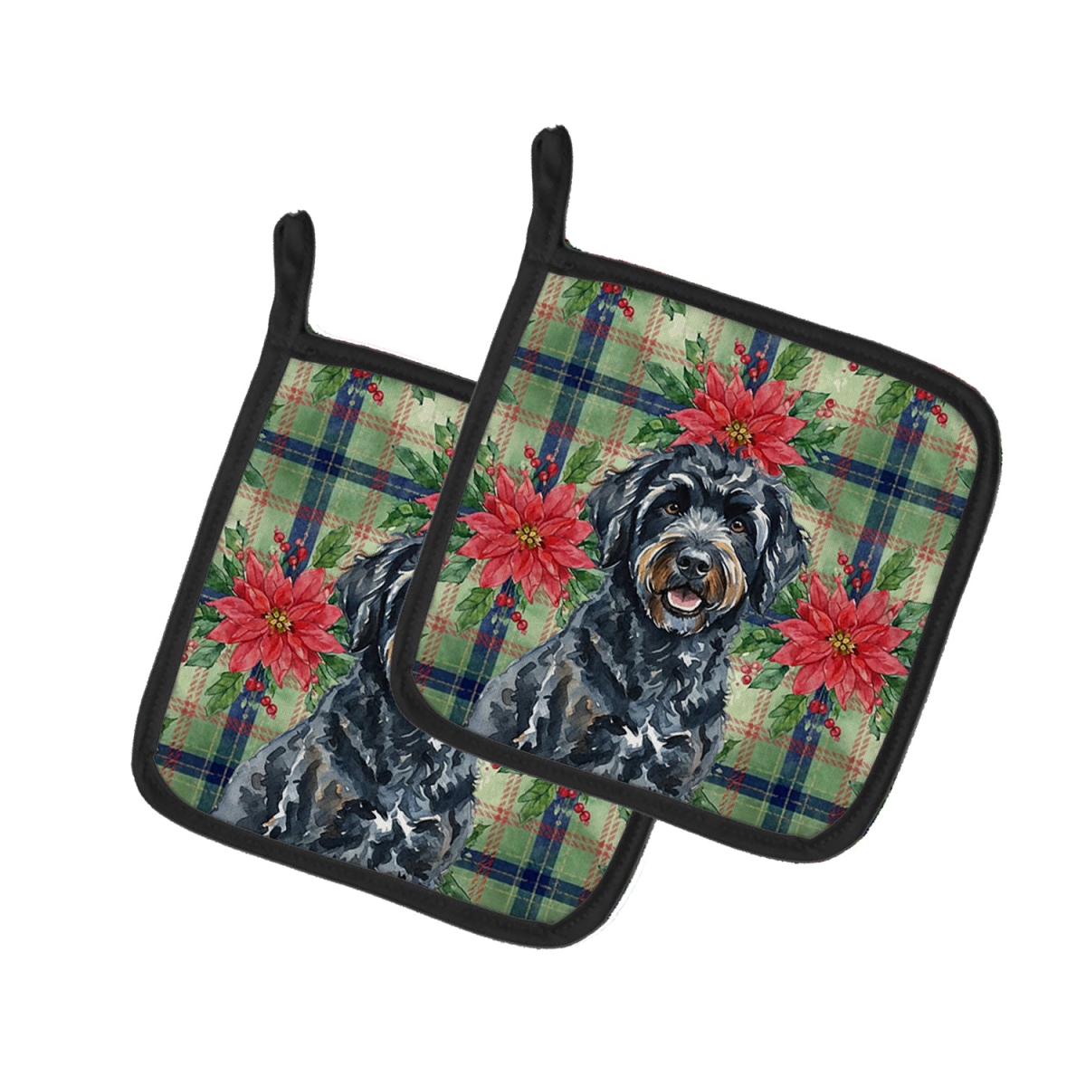 Picture of Carolines Treasures WDK8779PTHD Unisex Adult Black Portuguese Water Dog Christmas Poinsettias Pot Holders - 7.5 x 7.5 in. - Set of 2