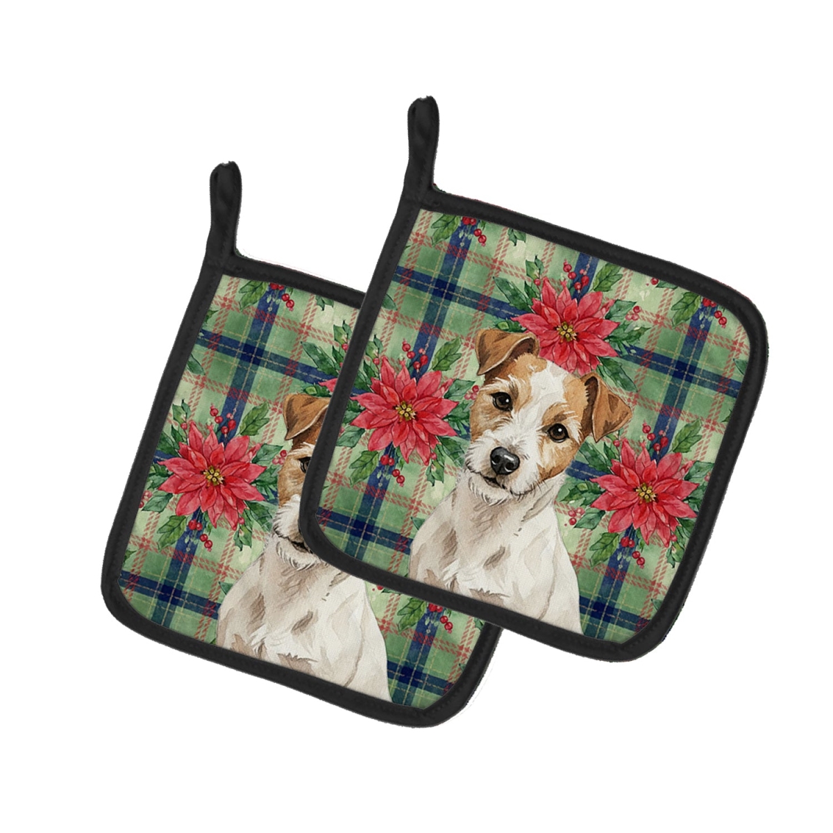Picture of Carolines Treasures WDK8790PTHD Unisex Adult White with Tan Markings Russell Terrier Christmas Poinsettias Pot Holders - 7.5 x 7.5 in. - Set of 2