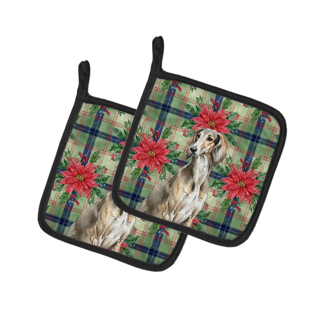 Picture of Carolines Treasures WDK8796PTHD Unisex Adult Grizzle Saluki Christmas Poinsettias Pot Holders - 7.5 x 7.5 in. - Set of 2