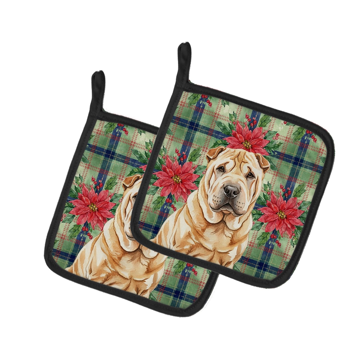 Picture of Carolines Treasures WDK8809PTHD Unisex Adult Red Shar Pei Christmas Poinsettias Pot Holders - 7.5 x 7.5 in. - Set of 2