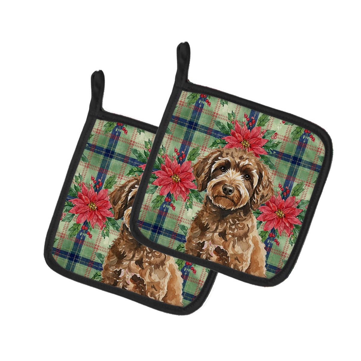 Picture of Carolines Treasures WDK8826PTHD Unisex Adult Spanish Water Dog Christmas Poinsettias Pot Holders - 7.5 x 7.5 in. - Set of 2