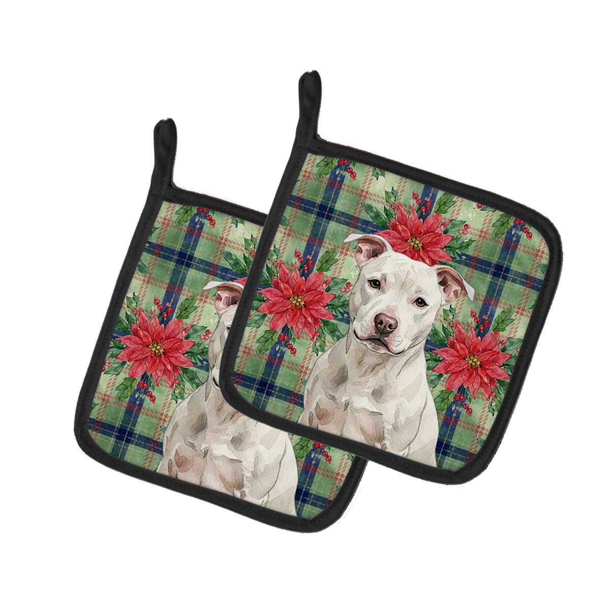 Picture of Carolines Treasures WDK8831PTHD Unisex Adult White Staffordshire Bull Terrier Christmas Poinsettias Pot Holders - 7.5 x 7.5 in. - Set of 2