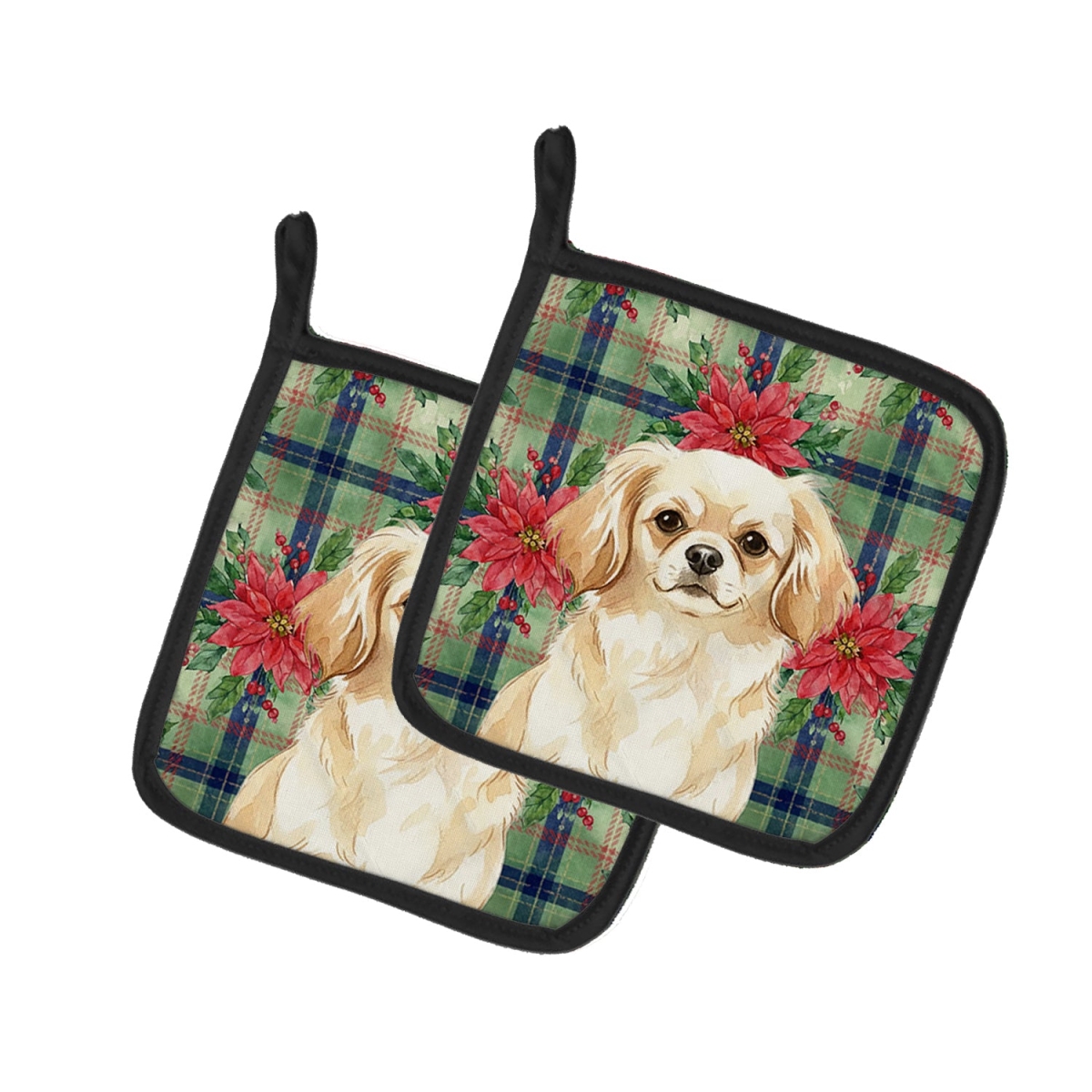 Picture of Carolines Treasures WDK8839PTHD Unisex Adult Cream Tibetan Spaniel Christmas Poinsettias Pot Holders - 7.5 x 7.5 in. - Set of 2
