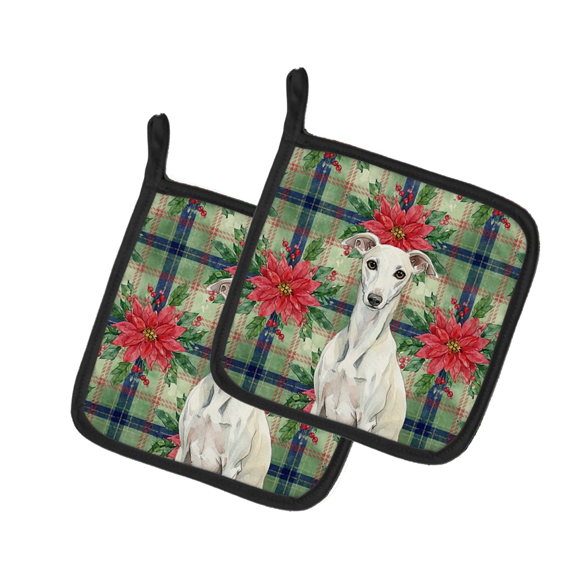 Picture of Carolines Treasures WDK8856PTHD Unisex Adult White Whippet Christmas Poinsettias Pot Holders - 7.5 x 7.5 in. - Set of 2