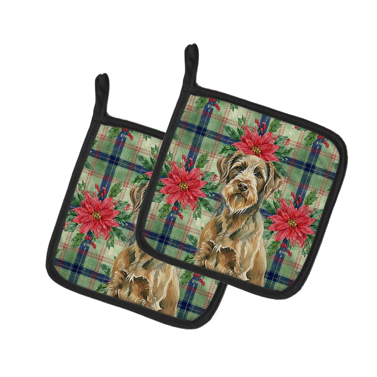 Picture of Carolines Treasures WDK8859PTHD Unisex Adult Chestnut Wirehaired Pointing Griffon Christmas Poinsettias Pot Holders - 7.5 x 7.5 in. - Set of 2