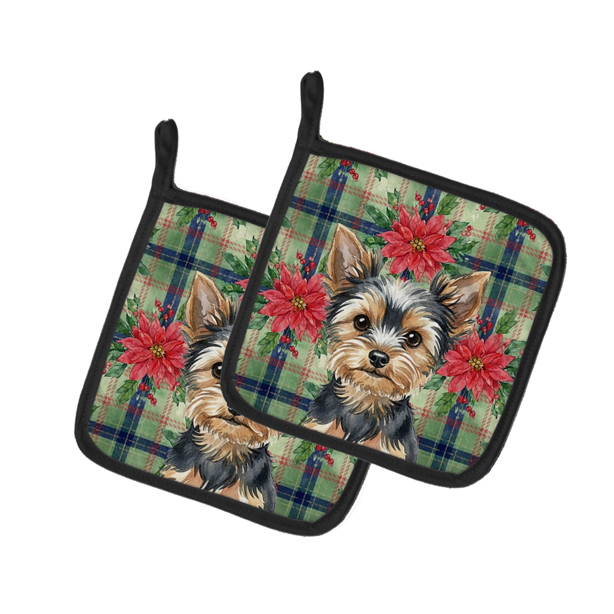 Picture of Carolines Treasures WDK8863PTHD Unisex Adult Black & Tan Yorkshire Terrier Christmas Poinsettias Pot Holders - 7.5 x 7.5 in. - Set of 2
