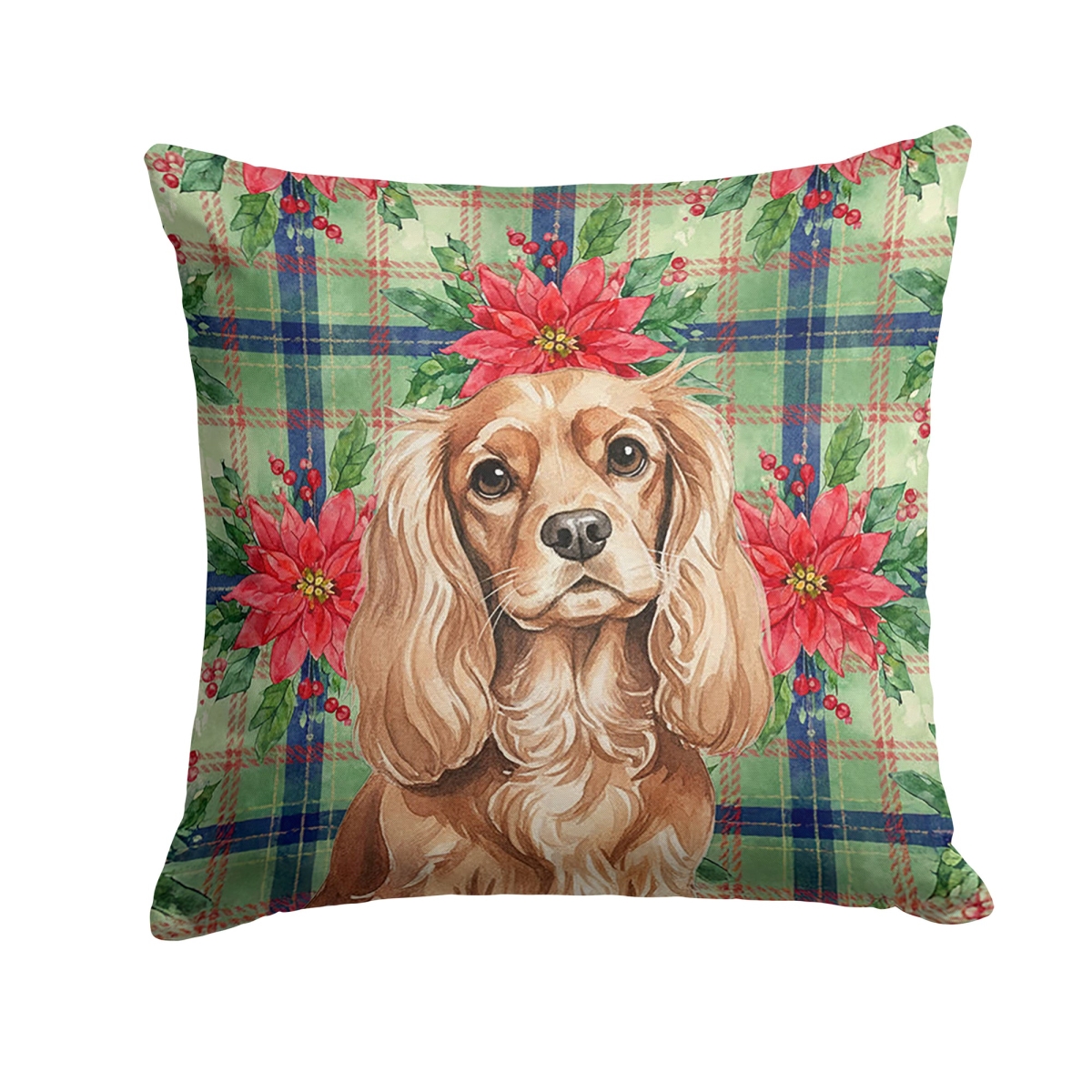 WDK8564PW1414 Unisex Adult Ruby Cavalier Spaniel Christmas Poinsettias Throw Pillow - 14 x 14 in.
