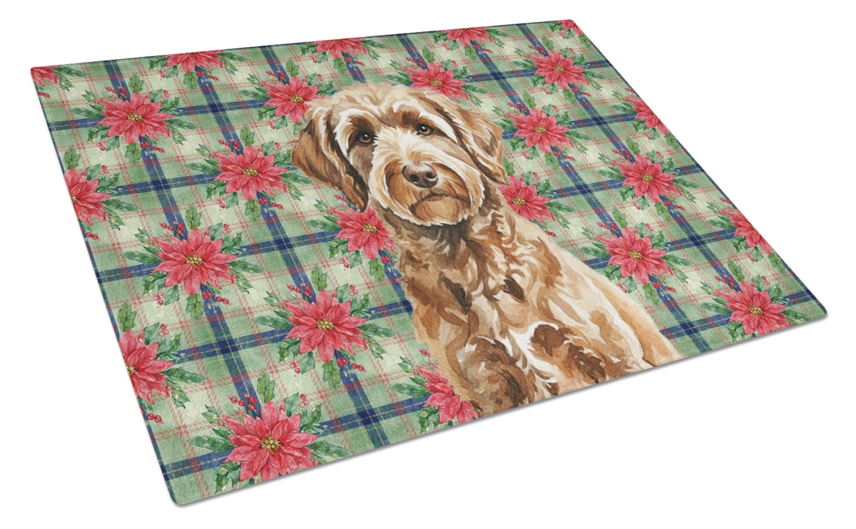 Picture of Carolines Treasures WDK8690LCB Unisex Adult Chocolate Labradoodle Christmas Poinsettias Glass Cutting Board - 15 x 12 in.
