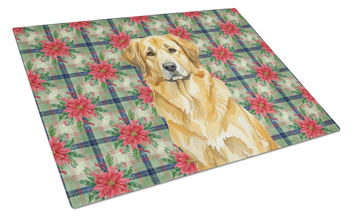 Picture of Carolines Treasures WDK8698LCB Unisex Adult Lion Yellow Leonberger Christmas Poinsettias Glass Cutting Board - 15 x 12 in.