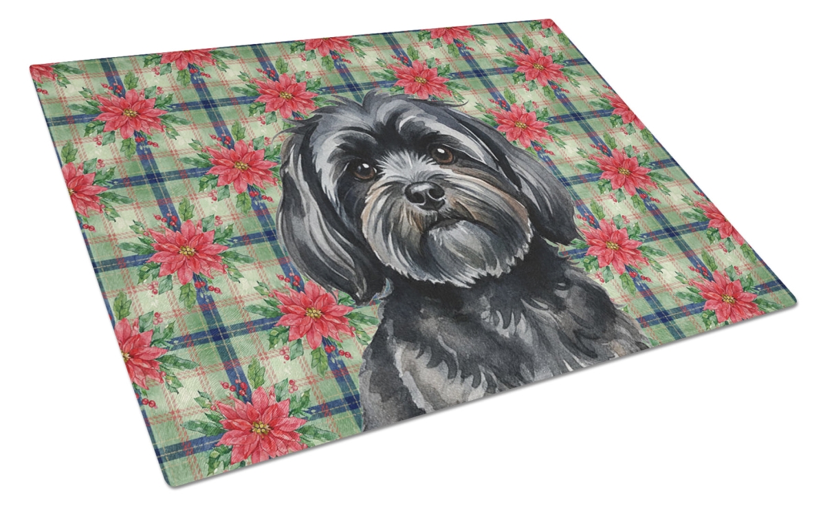 Picture of Carolines Treasures WDK8701LCB Unisex Adult Black Lhasa Apso Christmas Poinsettias Glass Cutting Board - 15 x 12 in.