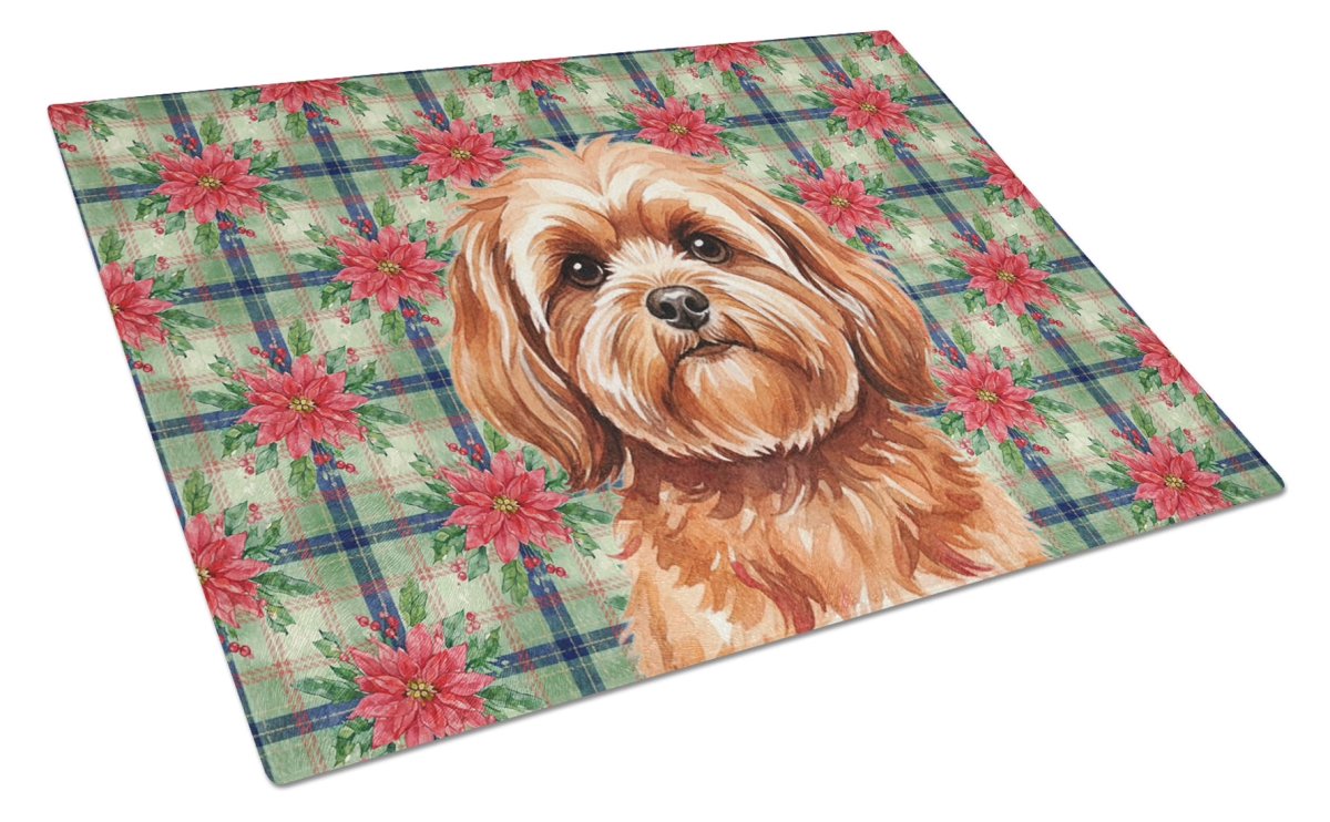 Picture of Carolines Treasures WDK8704LCB Unisex Adult Red Lhasa Apso Christmas Poinsettias Glass Cutting Board - 15 x 12 in.