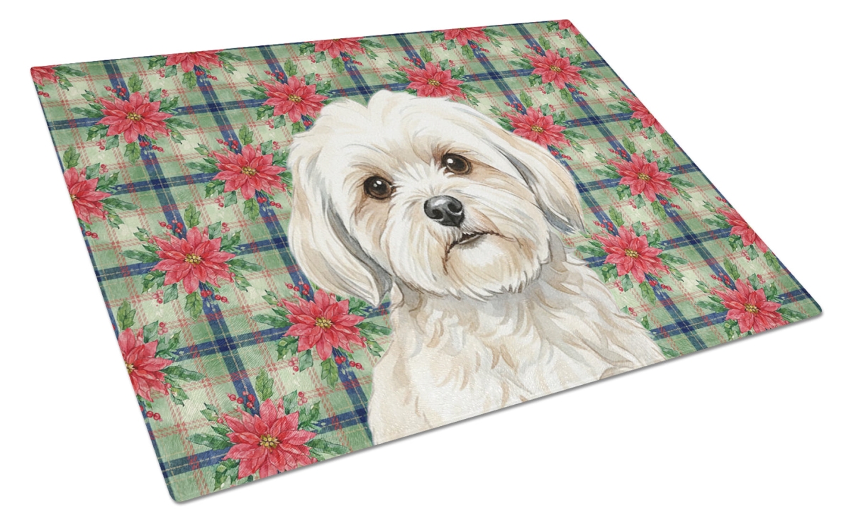 Picture of Carolines Treasures WDK8705LCB Unisex Adult White Lhasa Apso Christmas Poinsettias Glass Cutting Board - 15 x 12 in.