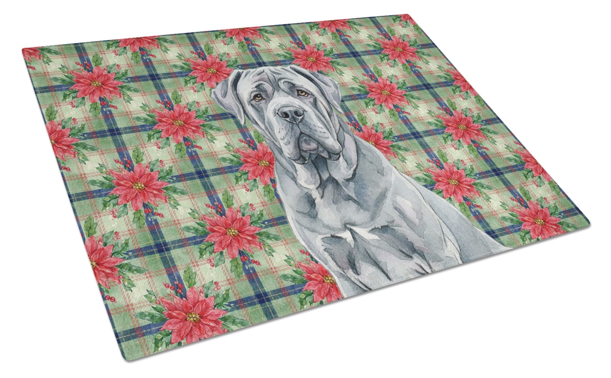 Picture of Carolines Treasures WDK8722LCB Unisex Adult Blue Neapolitan Mastiff Christmas Poinsettias Glass Cutting Board - 15 x 12 in.