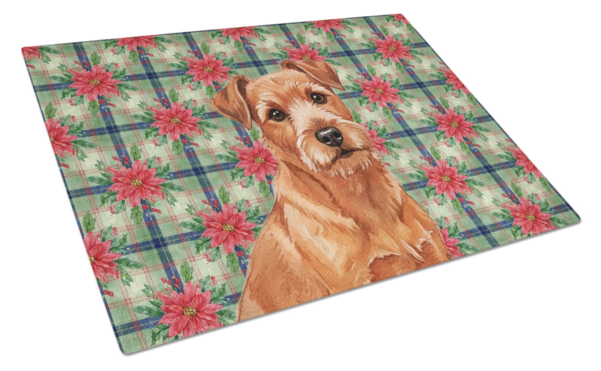 Picture of Carolines Treasures WDK8730LCB Unisex Adult Red Norfolk Terrier Christmas Poinsettias Glass Cutting Board - 15 x 12 in.